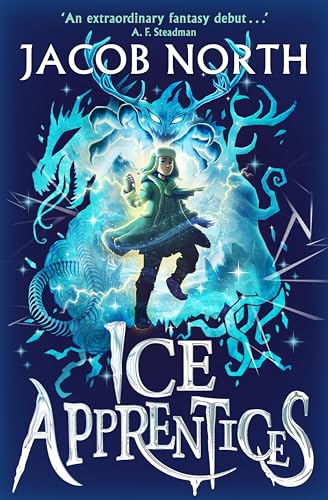 Book cover: boy with a dragon, surrounded by glowing blue ice energy.
