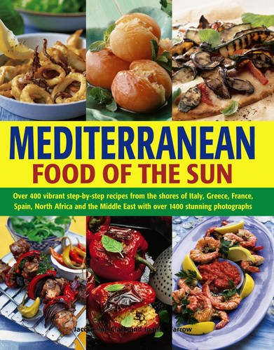 Cookbook cover featuring colorful Mediterranean food: seafood, vegetables, and grilled meats.