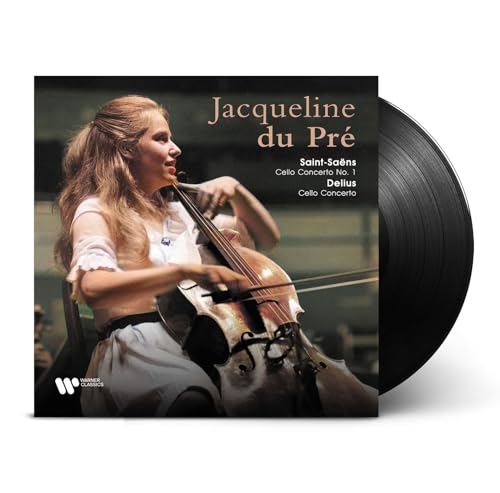 Jacqueline du Pré playing cello, vinyl record beside album cover.