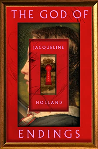 Book cover: red frame, woman’s profile, keyhole image, title “The God of Endings.”