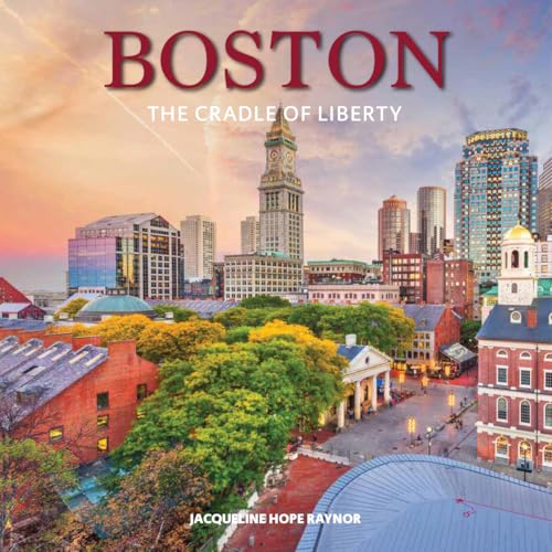 Boston skyline at sunset with historic buildings and modern skyscrapers.