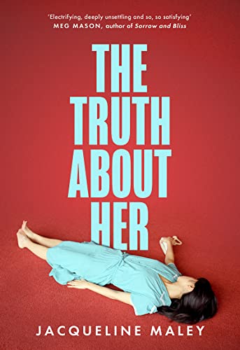 Book cover: red background, large blue text, woman lying down.