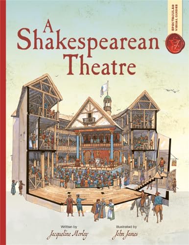 Cutaway illustration of a bustling, historic Shakespearean theatre with audience.