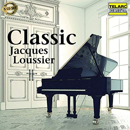 CD cover: black piano in a room with ornate doors, text "Classic Jacques Loussier".