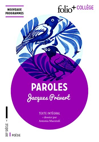 Book cover: “Paroles” by Jacques Prévert, with bird illustration and purple background.