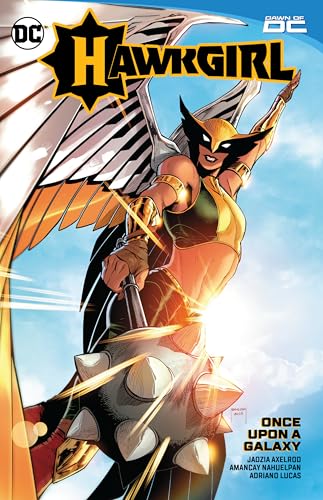 Hawkgirl comic cover featuring a winged hero with a mace, golden accents.
