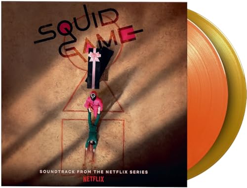 Squid Game vinyl record with orange disc and illustrated cover.