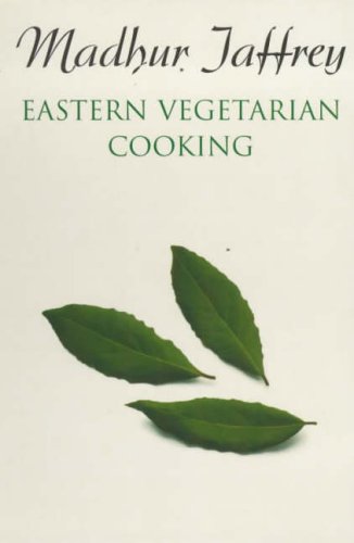 Cookbook cover: "Eastern Vegetarian Cooking" by Madhur Jaffrey with bay leaves.