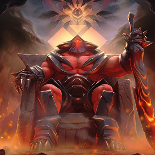 Red armored figure seated on a stone throne, with a spectral face behind.