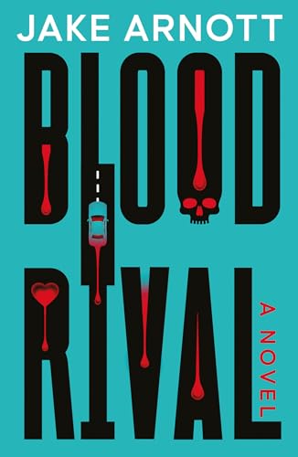 Book cover with large black text Blood Rival on a teal background featuring blood drips.