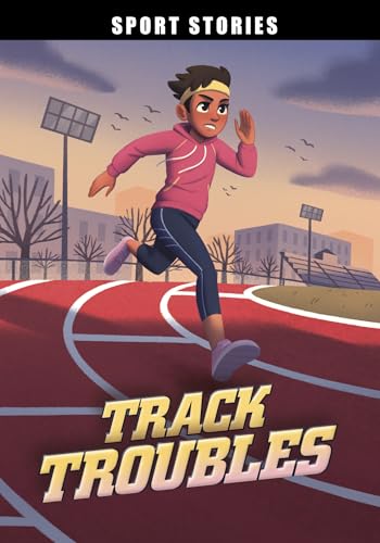 A determined young runner in a pink hoodie sprints on a red track.
