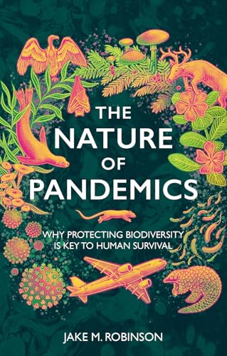 Book cover with animals, plants, viruses, and a plane illustration.