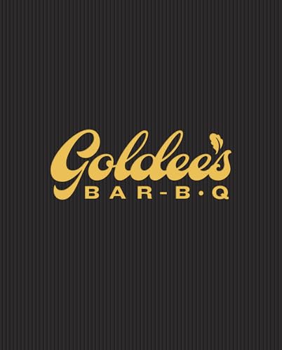 Gold lettering spelling "Goldee's BAR-B-Q" on a dark, striped background.