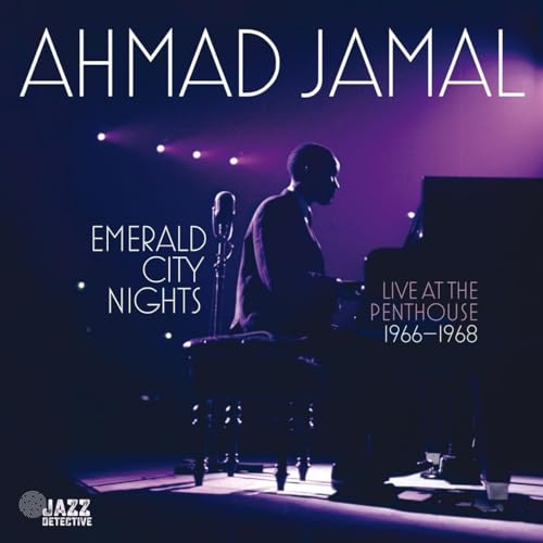 Ahmad Jamal at a piano with a microphone, album cover art.