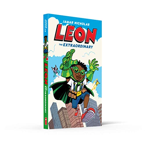 Book cover for Leon the Extraordinary showing a young superhero flying over a city.