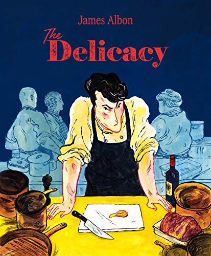 Book cover: man in apron preparing food, blue background, illustrated style.