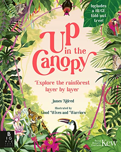 Book cover titled Up in the Canopy featuring illustrated rainforest animals and lush foliage.