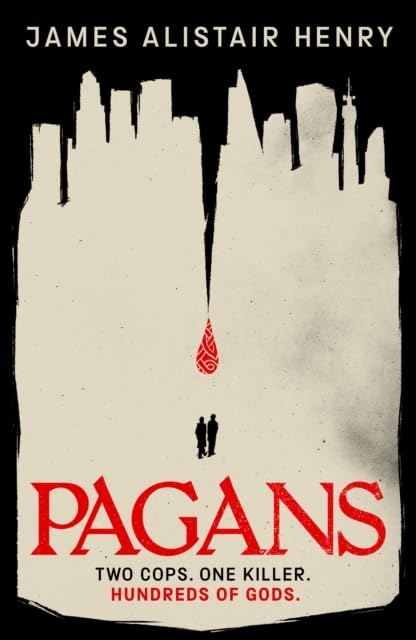 Book cover for "Pagans" with red title, silhouetted figures, and dripping red shape.