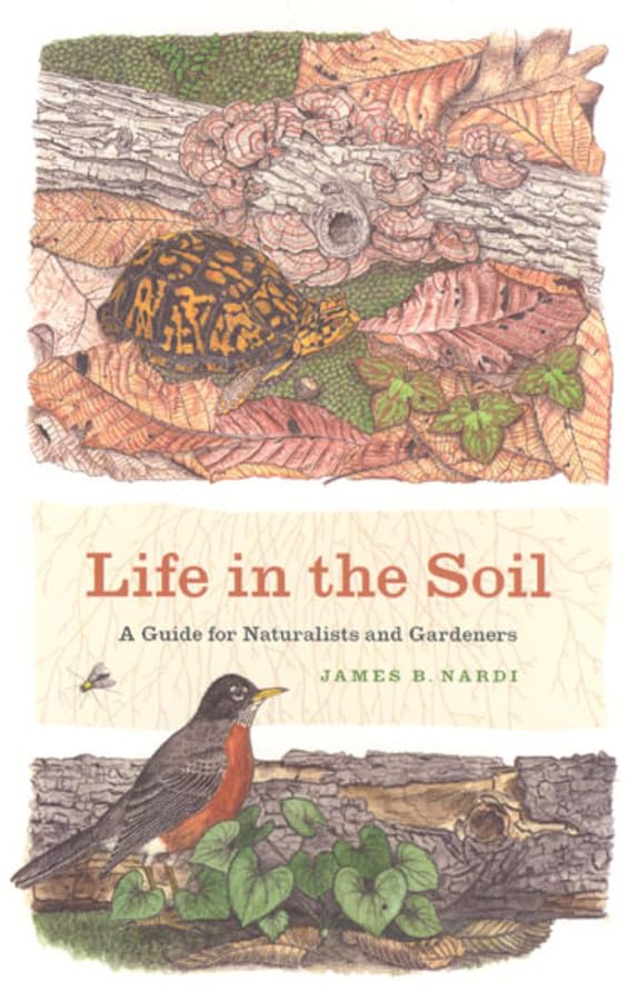 Book cover: illustrated wildlife, leaves, and title “Life in the Soil.”