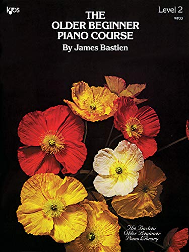 Cover of The Older Beginner Piano Course Level 2 featuring colorful poppies on black.