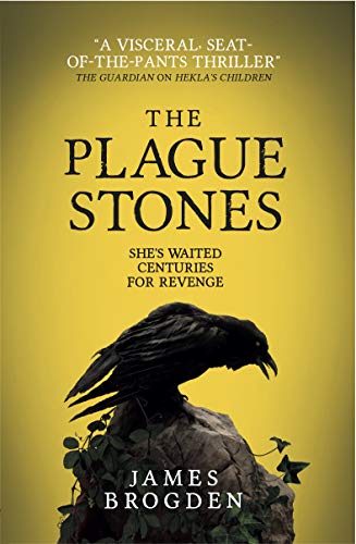Book cover: yellow background, black raven perched on a stone with vines.