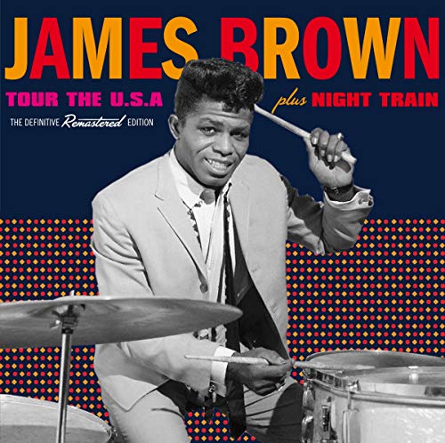 James Brown portrait on CD cover, performing with drumsticks and kit.