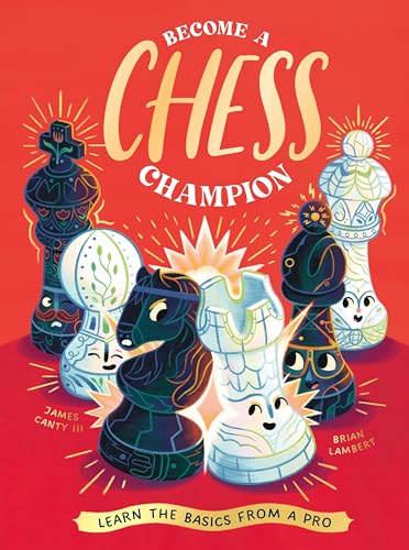 Book cover featuring stylized, illustrated chess pieces on a bright red background.
