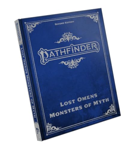 Blue hardcover Pathfinder Lost Omens Monsters of Myth book with silver foil text.