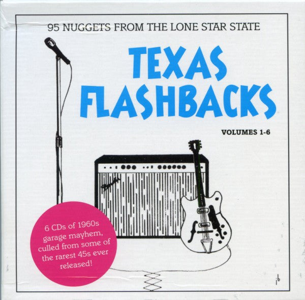 Album cover for "Texas Flashbacks Volumes 1-6" with guitar and amplifier.