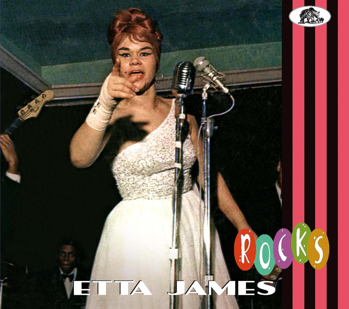 Etta James performing with a microphone, album cover for "Rocks.