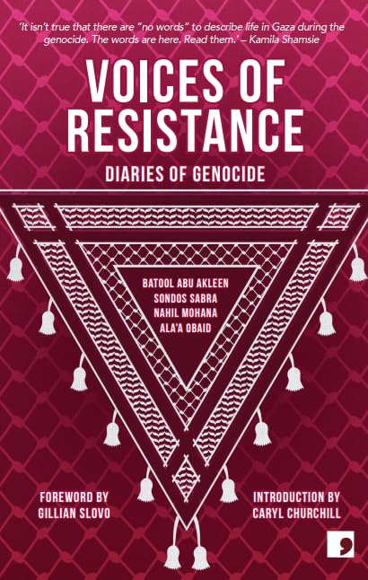 Book cover titled Voices of Resistance featuring a white keffiyeh pattern on maroon background.