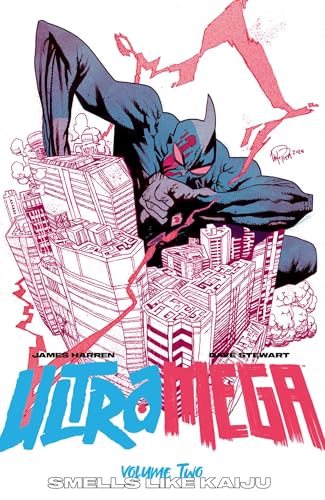 Superhero looming over a detailed city skyline, comic book cover.