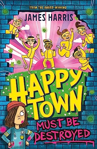 Book cover: girl scowls at brightly colored, joyful figures breaking through a wall.