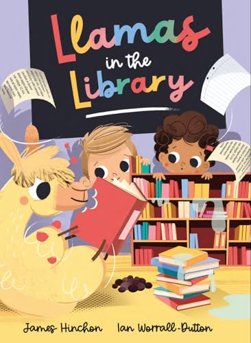 A yellow llama and two children read books in a library with colorful shelves.