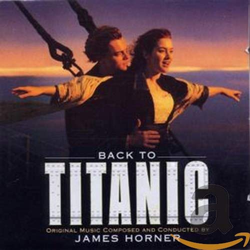Titanic soundtrack CD cover featuring Jack and Rose embracing at sunset.
