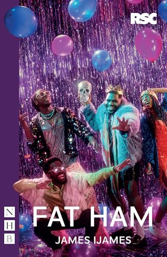 Play poster featuring costumed performers with balloons and skull imagery.