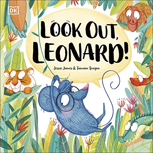 Blue giraffe surrounded by jungle animals on a children’s book cover.