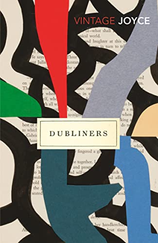 Book cover for Dubliners by James Joyce featuring abstract colorful shapes over printed text.