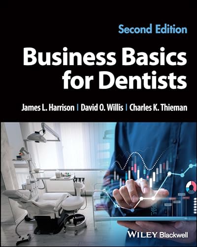 Book cover: “Business Basics for Dentists” with dental office and graph imagery.