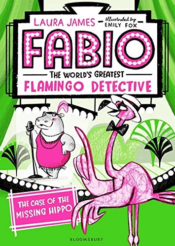 Pink flamingo detective and hippo on stage, book cover illustration.