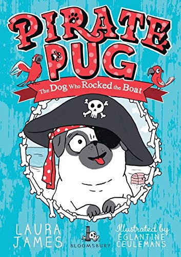 Pug wearing a pirate hat with skull and crossbones, illustrated cover.