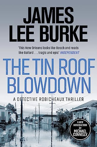 Book cover for The Tin Roof Blowdown by James Lee Burke featuring flooded street scene.