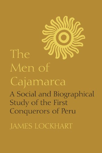 Book cover for "The Men of Cajamarca" with a sunburst design.