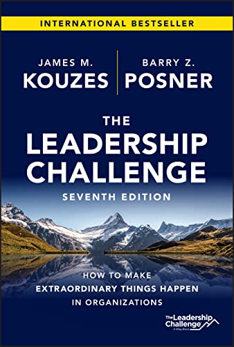 Book cover for The Leadership Challenge Seventh Edition featuring snowy mountains reflected in water.