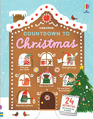 Christmas activity book cover shaped like a gingerbread house with festive illustrations.