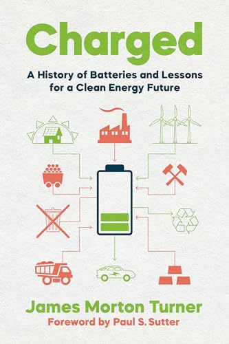 Book cover: "Charged," showing a battery connected to energy sources and industry.