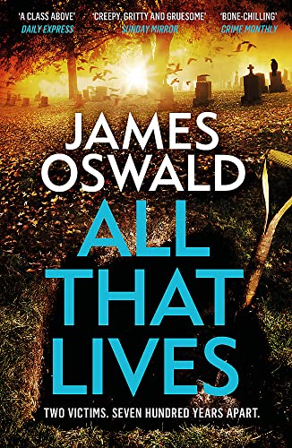 Book cover: cemetery scene with large blue title "All That Lives".