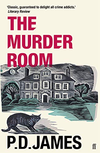 Book cover: "The Murder Room" by P.D. James, with a house and cat.