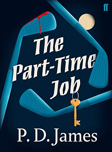 Book cover: blue golf clubs, a key, and a pale moon.
