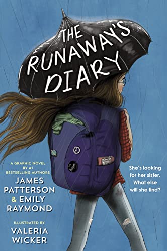 Girl with long brown hair, purple backpack, and black umbrella in the rain.